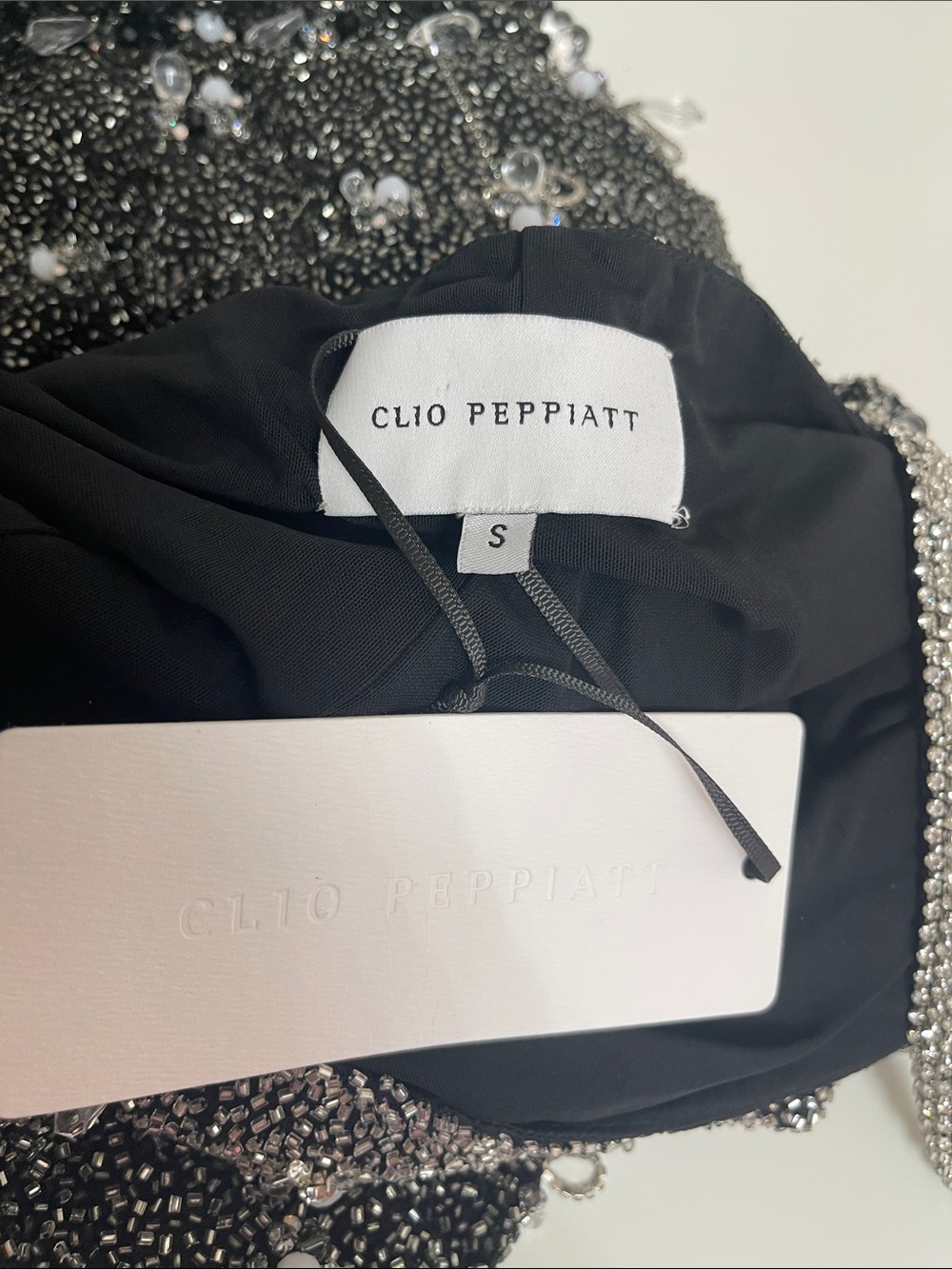 CLIO PEPPIATT Diamond Crystal Bead Embellished Fringe Black Maxi Dress Size S - Picture 10 of 11